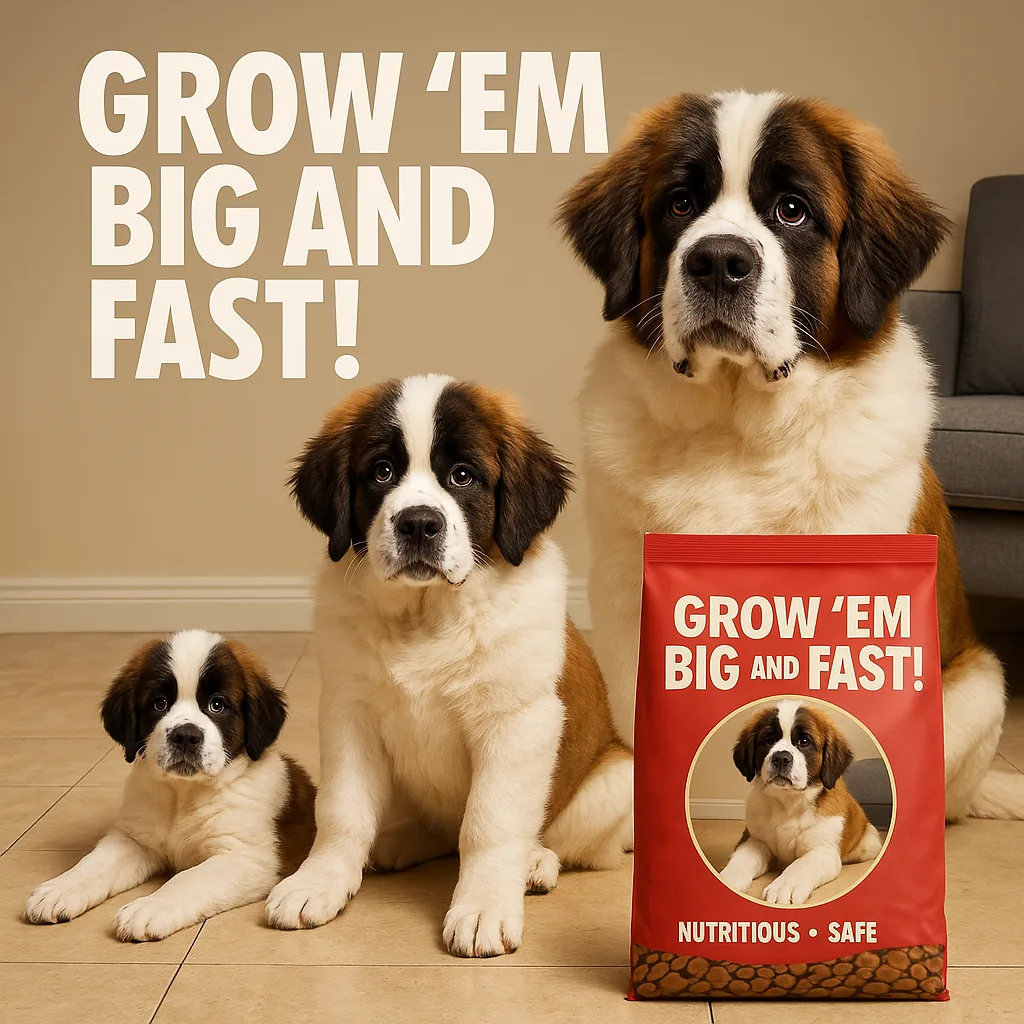 Three Saint Bernard dogs of increasing size beside a red dog food bag reading Grow 'Em Big and Fast.