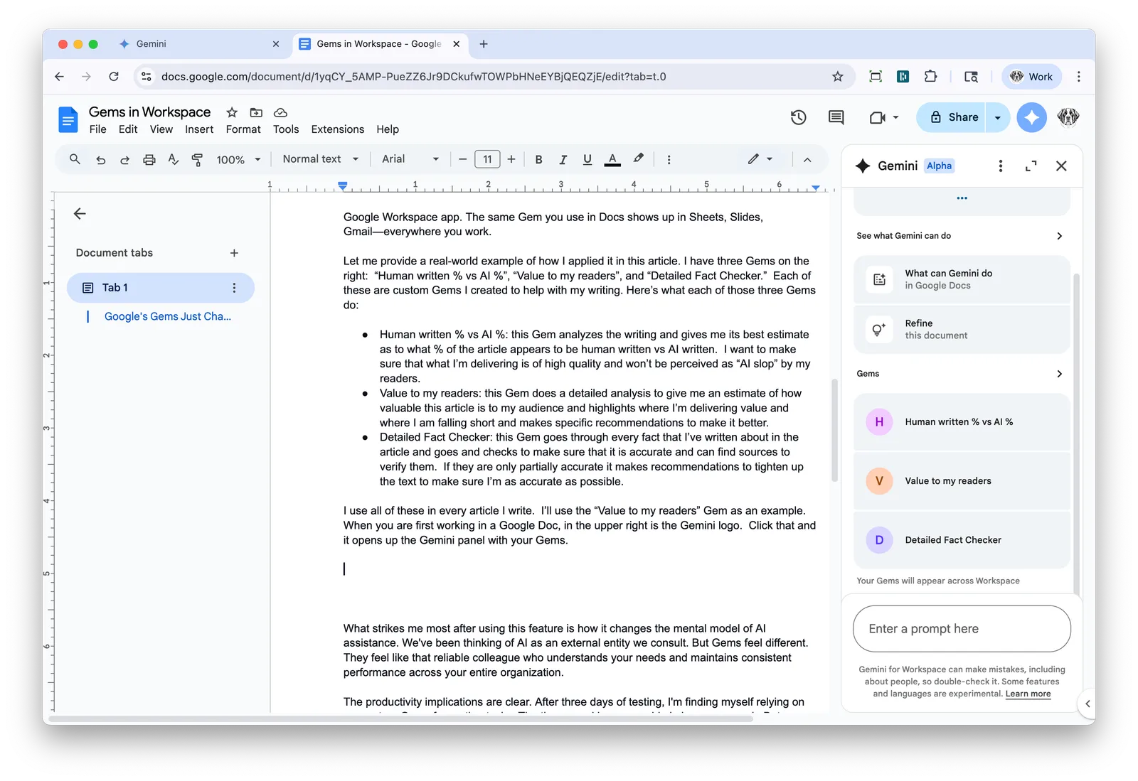 Google Docs with the Gemini side panel showing custom Gems and prompt suggestions.