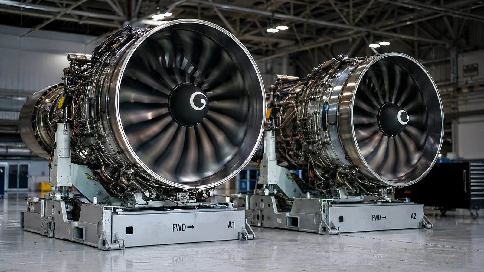 Two large jet engines on wheeled stands labeled A1 and A2 in a white hangar.