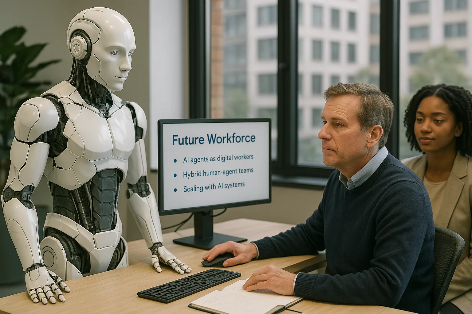 Humanoid robot at a desk beside two people facing a screen reading Future Workforce