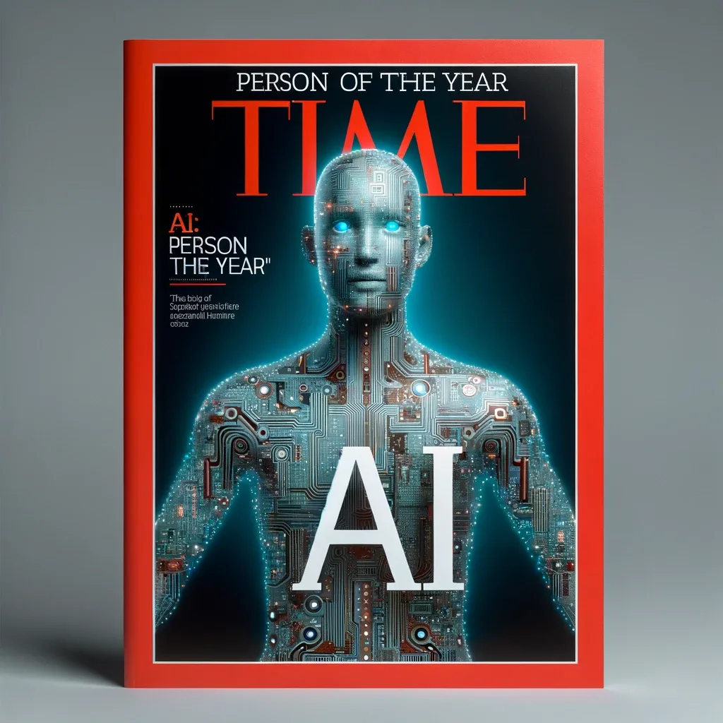 Mock TIME magazine cover with circuit-board human figure, red border, and headline AI Person of the Year.