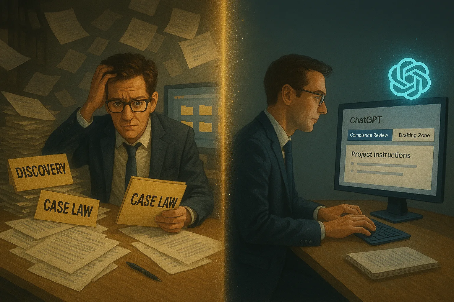 Split scene: stressed man amid Case Law papers beside a man working calmly at a ChatGPT screen.