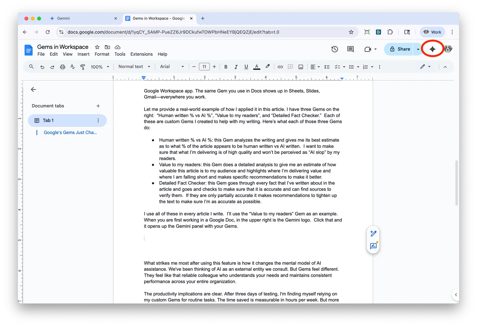 Google Docs document about Gems in Workspace open in a browser.