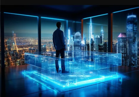 Man standing before a glowing blue holographic cube of data with a city skyline at night.