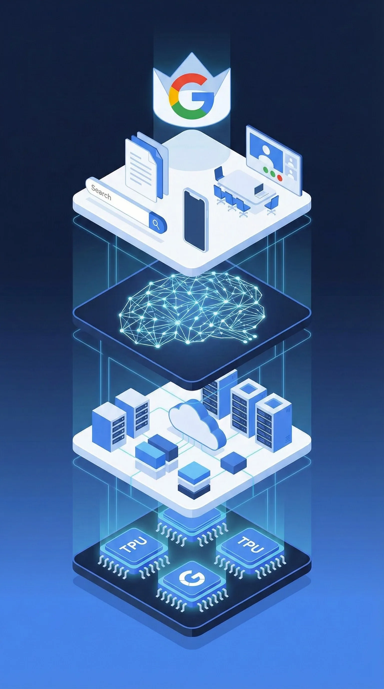 Isometric layered illustration of Google's stack with crowned G logo, brain, cloud servers, and TPU chips on blue.