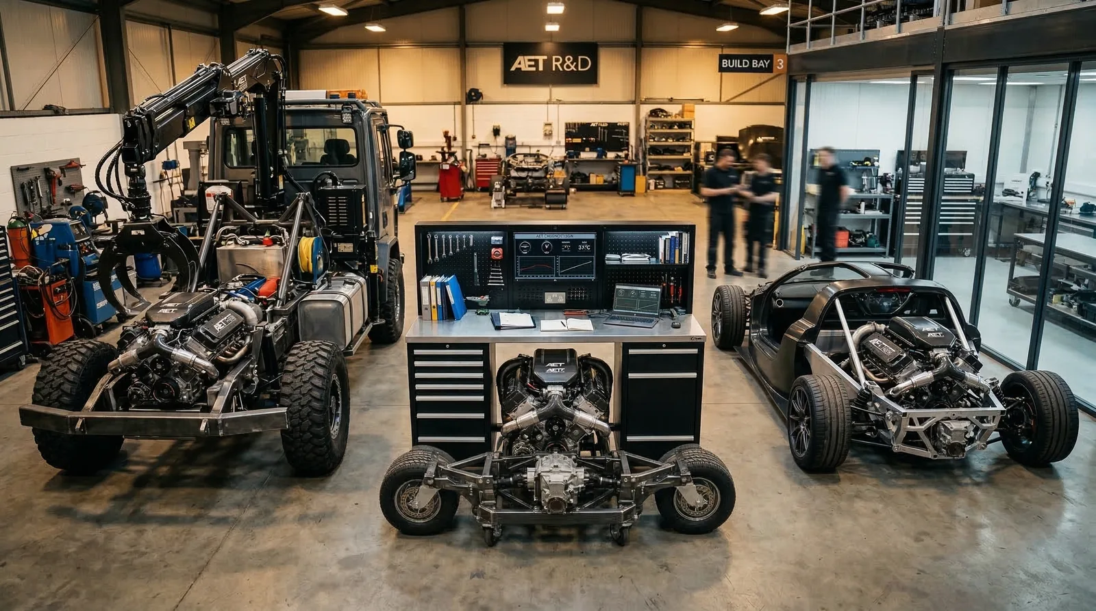 Vehicle chassis and engines in an AET R&D workshop, technicians talking in the background.