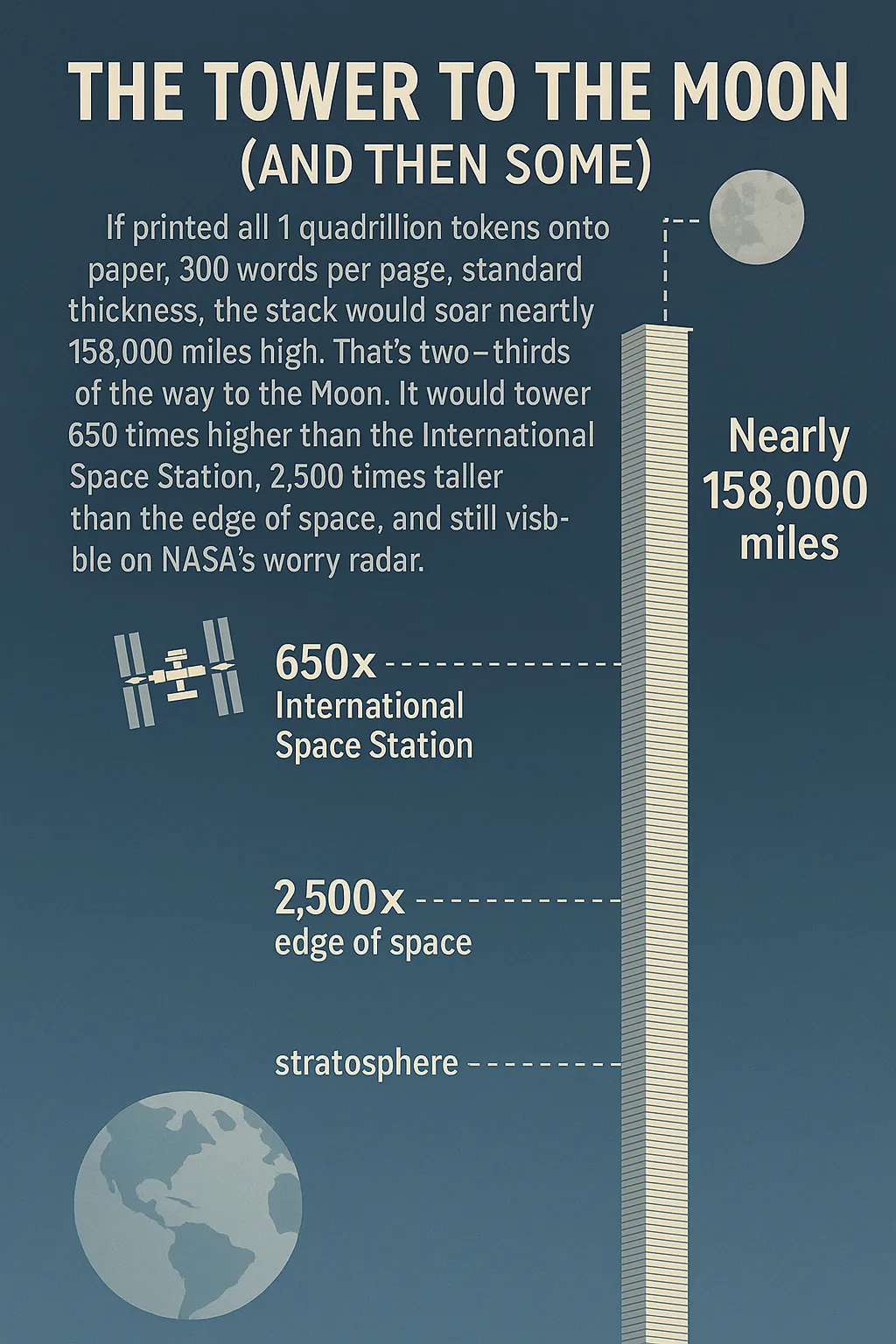 Infographic titled The Tower to the Moon comparing a paper stack to space station and stratosphere.