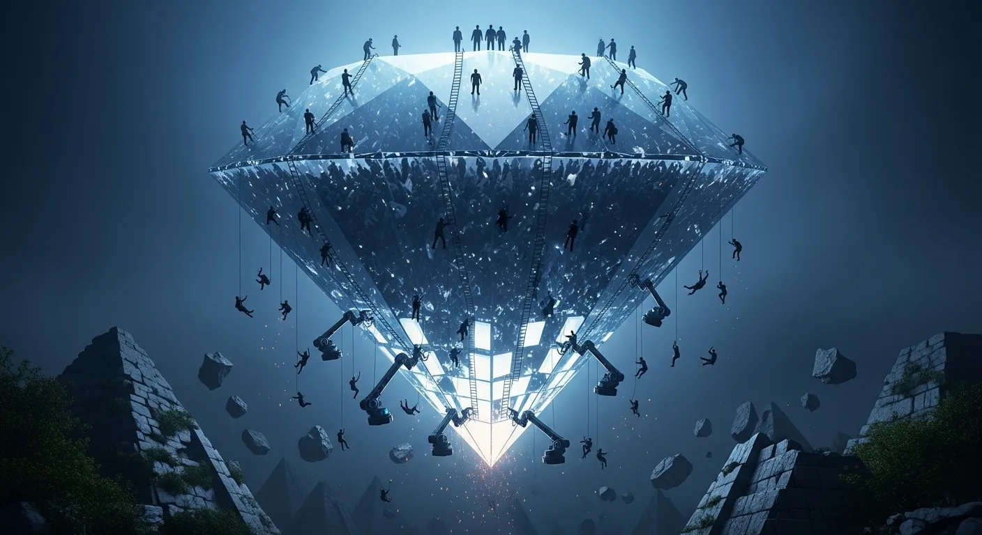 Giant glowing diamond with tiny silhouetted people climbing ladders and robotic arms in blue fog.