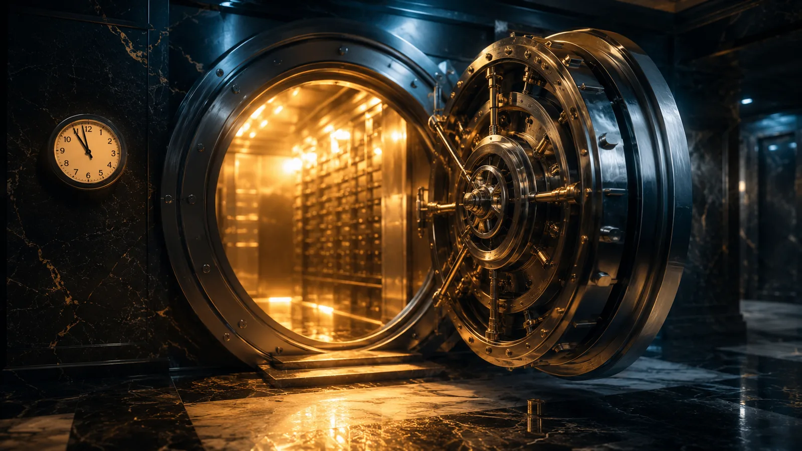 An open bank vault with a massive golden door, a glowing interior of safe-deposit boxes, and a clock on the marble wall.