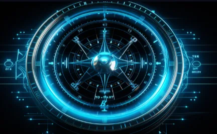 Glowing blue circular dial with compass points and faint markings on a dark digital background.