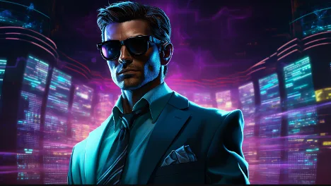 Man in suit and sunglasses stands before glowing purple screens of code, digital neon scene.