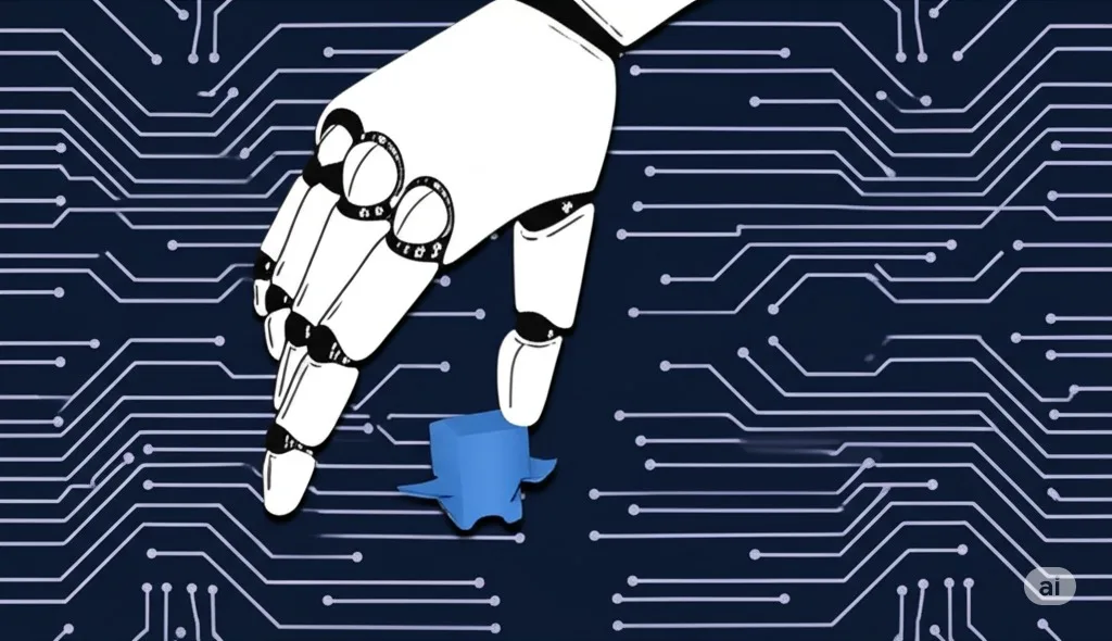 Illustration of a white robotic hand reaching toward a small blue figure on a dark blue circuit board background.