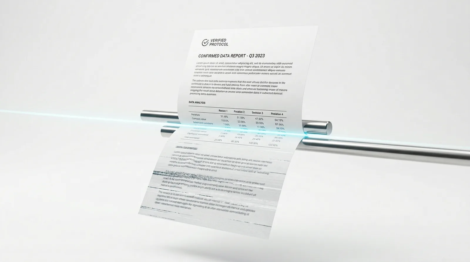 A Verified Protocol data report sheet feeding through a metal roller, a blue light below.