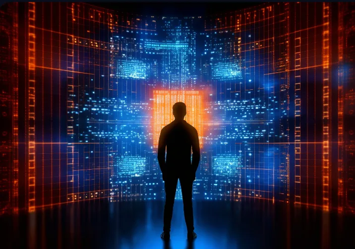 Silhouette of a person standing before a wall of glowing blue and orange data