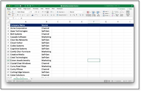 Excel spreadsheet listing companies and deal source as Channel, Self-Gen, or Marketing