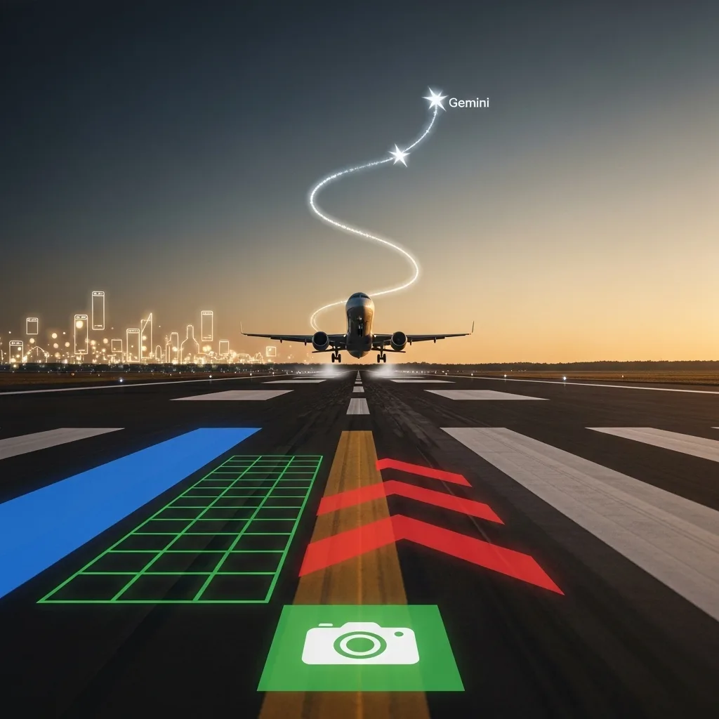 Airplane taking off from a runway at dusk, light trail labeled Gemini, camera and arrow markings.