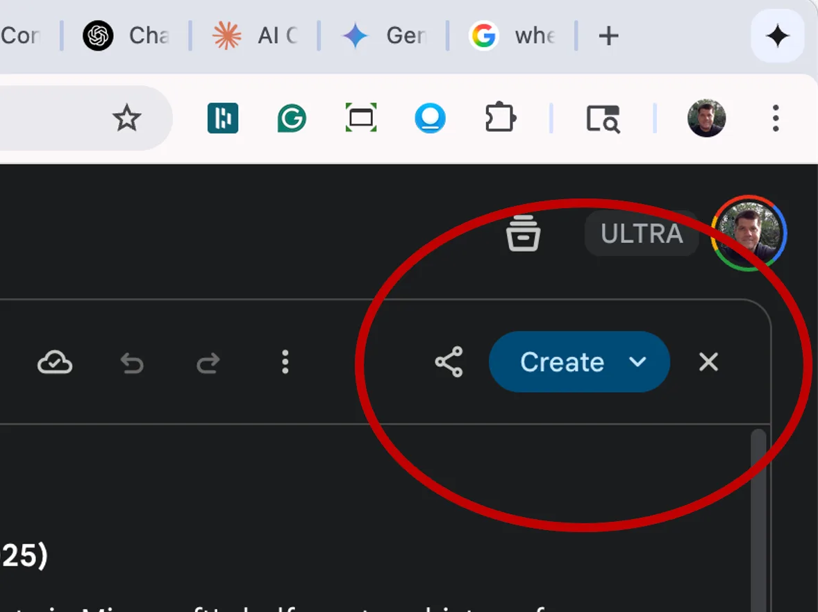 Gemini Canvas toolbar with the blue Create button and share icon circled in red.