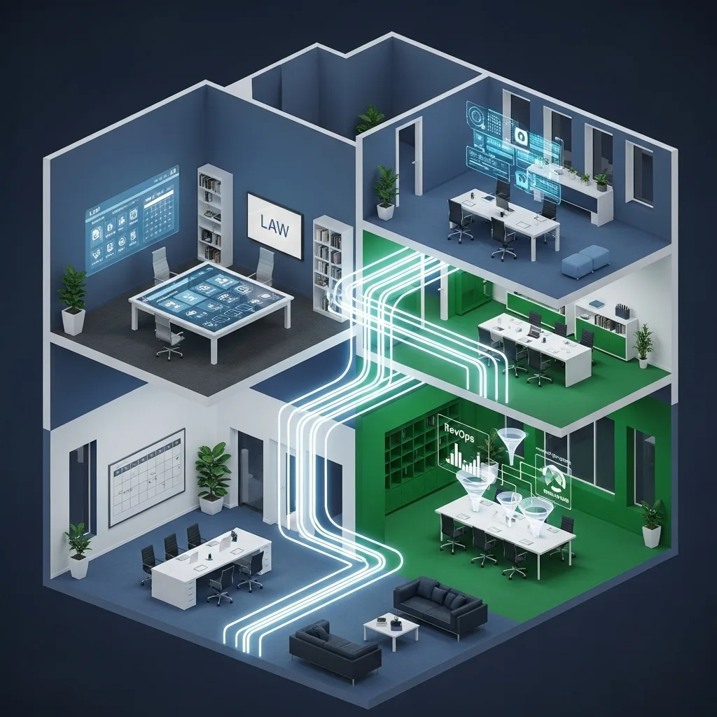 Isometric cutaway of an office with rooms labeled LAW and RevOps, joined by glowing light pathways.