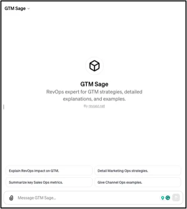 Custom GPT interface for GTM Sage, a RevOps expert with suggested prompt buttons and message field