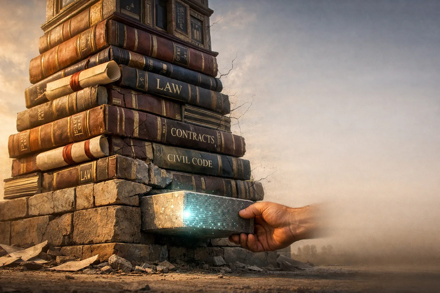 Hand placing a glowing tech block under a crumbling pillar of Law and Contracts books.