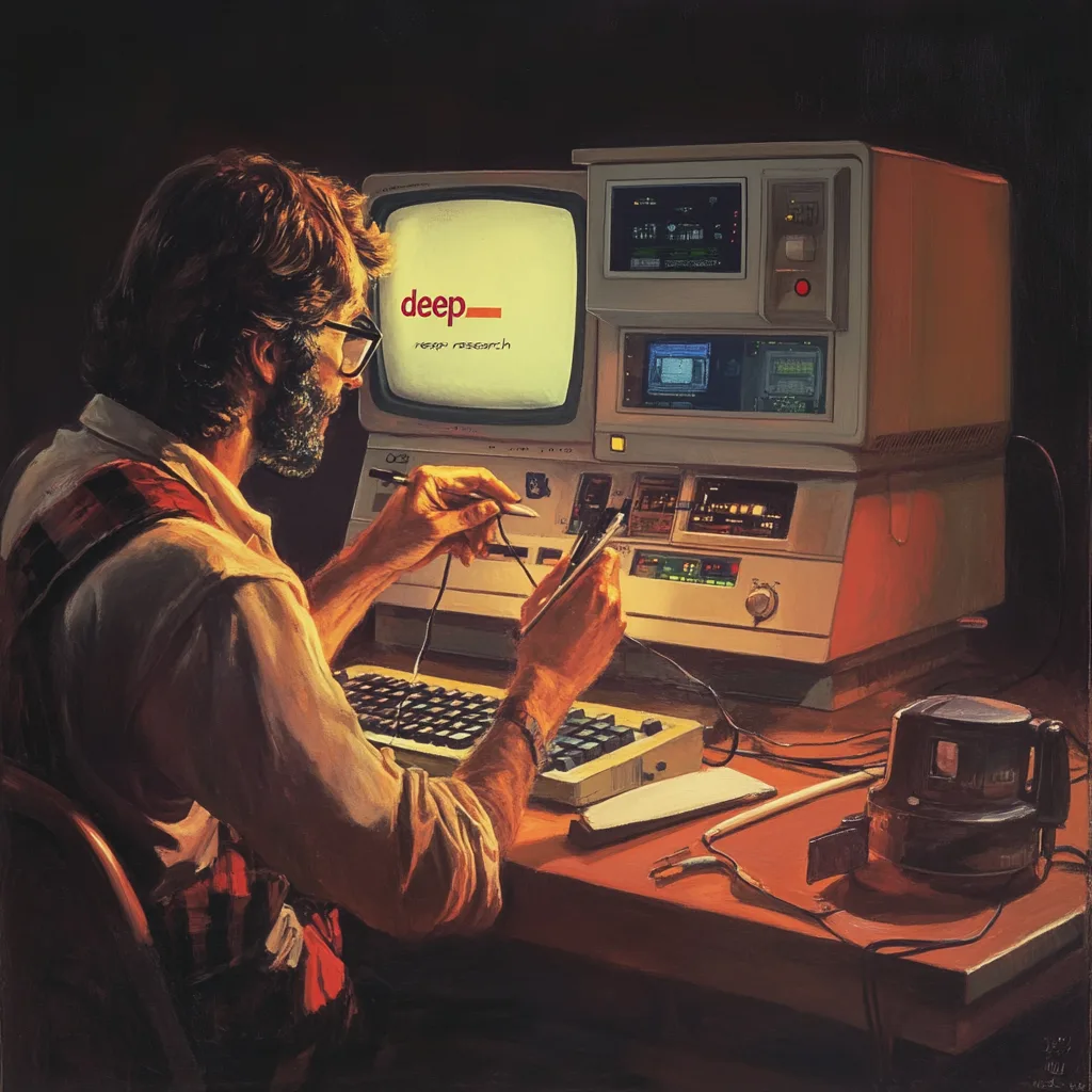 Retro painting of a person at a vintage computer terminal showing the word deep on a glowing screen.