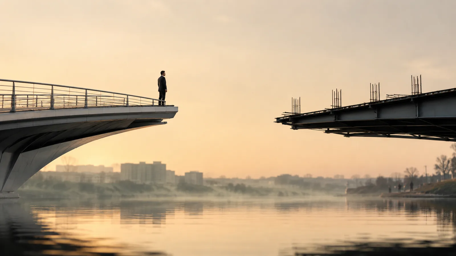 A person standing at the edge of an unfinished bridge that stops mid-span over a misty river, a gap separating it from the incomplete far side.