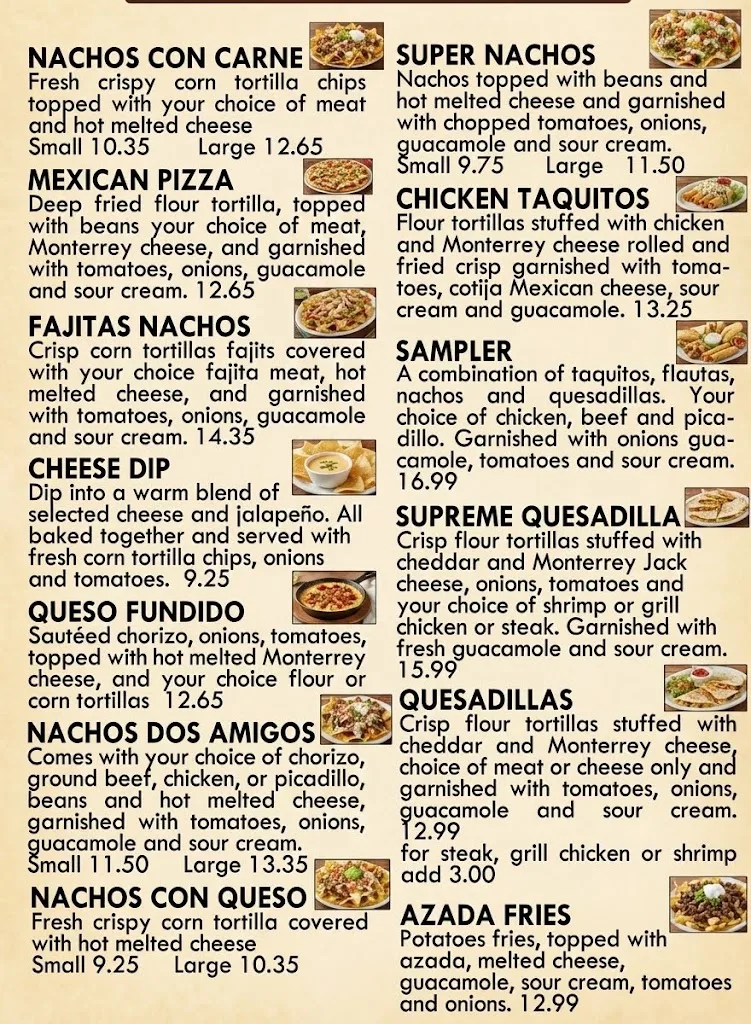Mexican food menu listing nachos, fajitas, tacos, quesadillas, and combination dishes with prices.