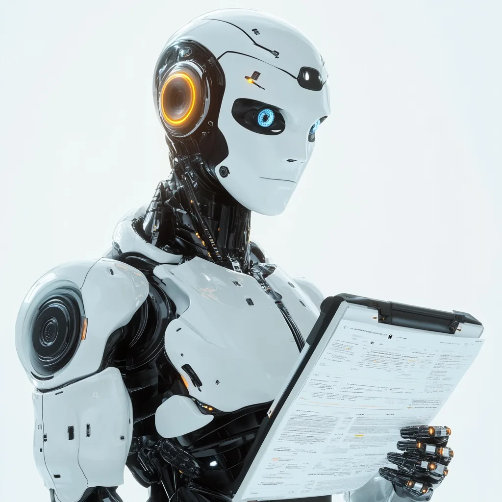 White and black humanoid robot with a glowing orange eye holding a clipboard with text.