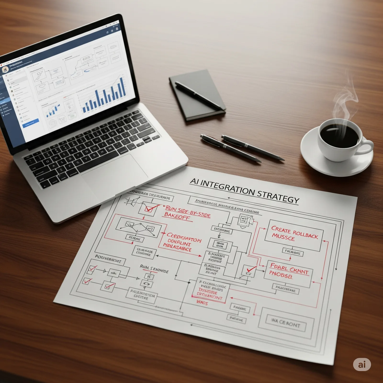 AI Integration Strategy flowchart on a desk with laptop dashboard, notepad, and coffee.