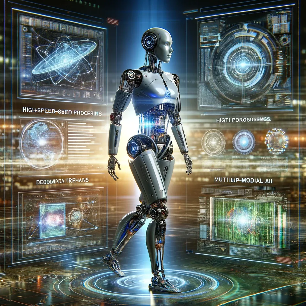 Illustration of a humanoid robot surrounded by futuristic AI interface panels