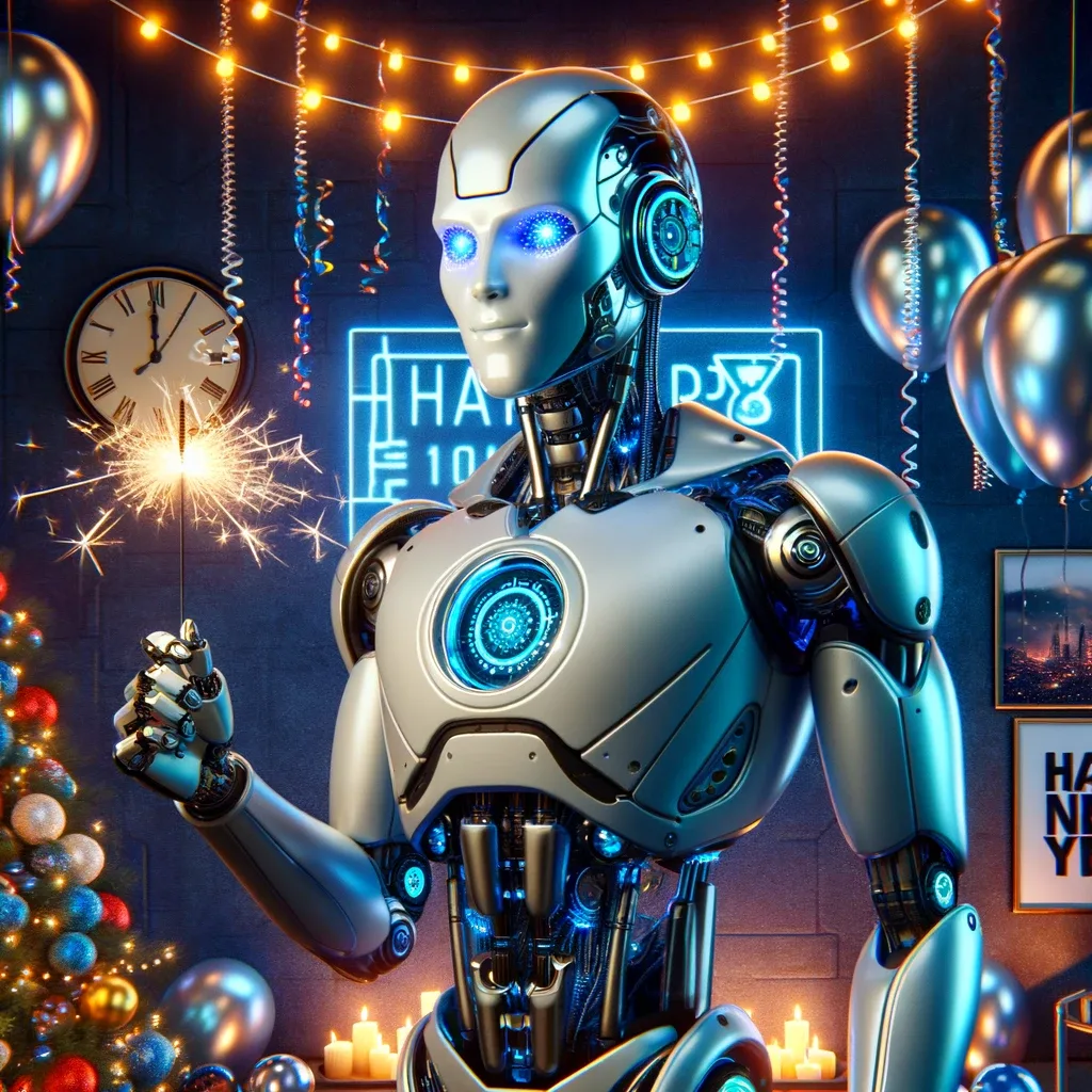 Silver humanoid robot with glowing blue eyes holding a sparkler amid balloons and New Year decorations.