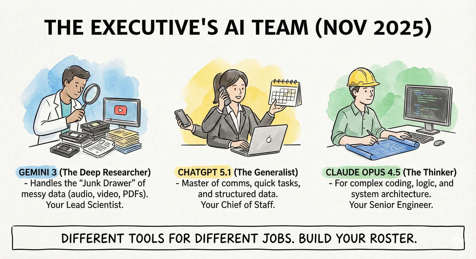 Illustrated chart of three AI roles, Gemini 3 researcher, ChatGPT 5.1 generalist, and Claude Opus 4.5 thinker.