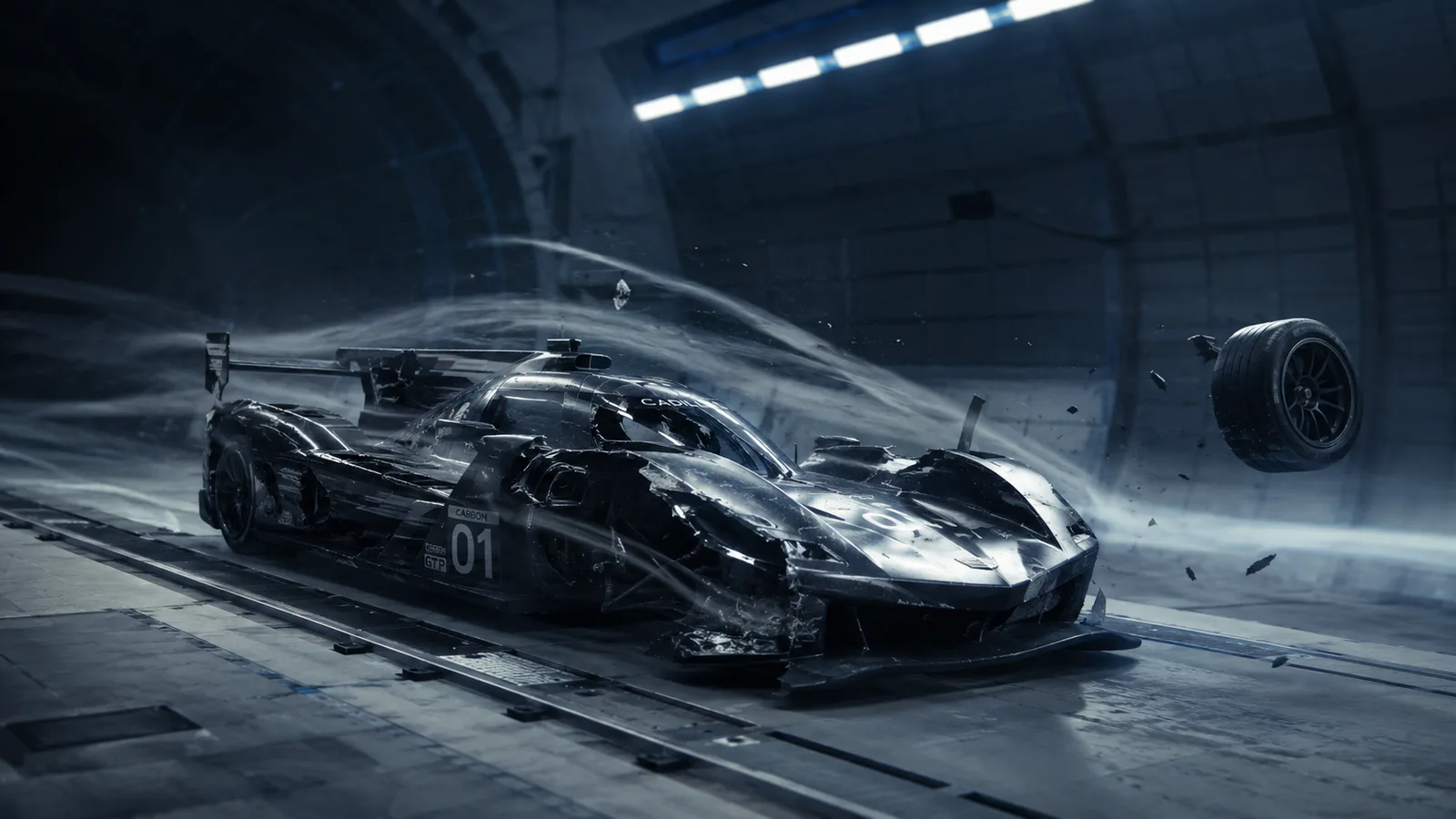 A sleek black prototype race car in a wind tunnel, a wheel and debris breaking loose as wind streams over it.
