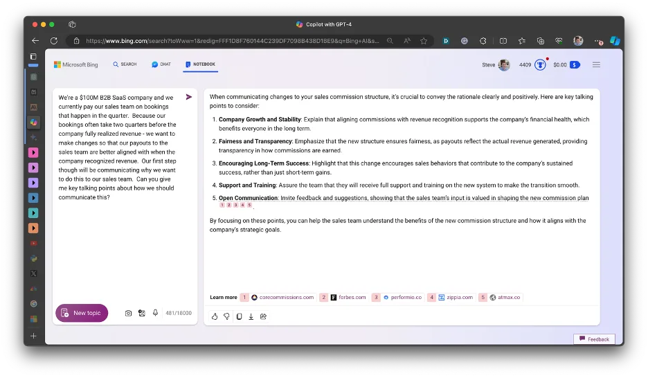 Bing Copilot Notebook response with talking points for communicating sales commission changes