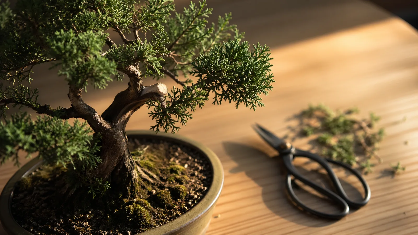 Bonsai tree in a green pot on a wooden table with black pruning shears and trimmings.