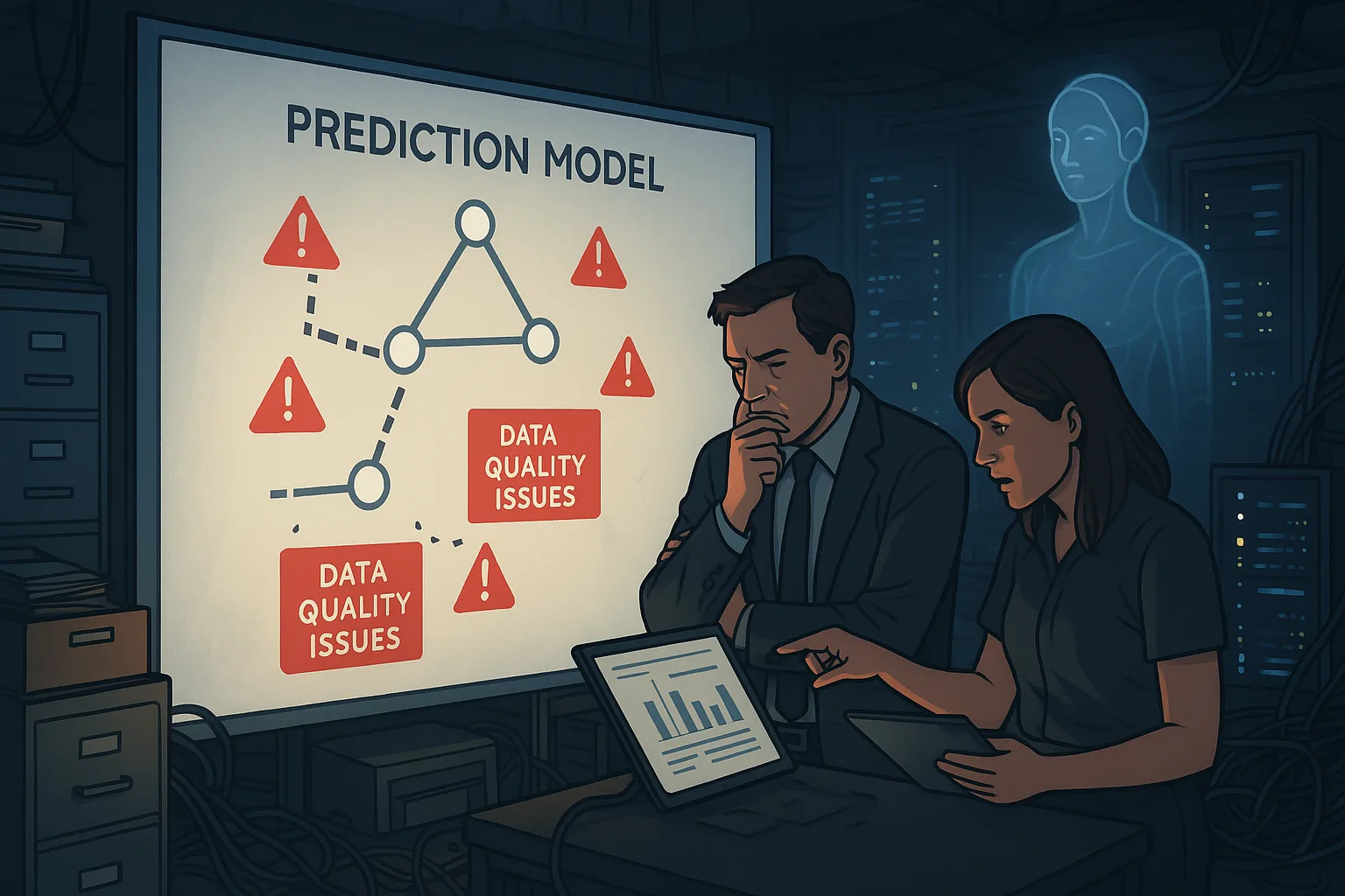 Two people study a screen reading Prediction Model with Data Quality Issues warning labels and alert icons.