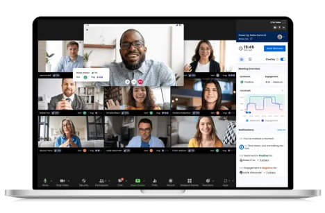 Laptop showing a video meeting grid with an AI meeting overview and engagement panel