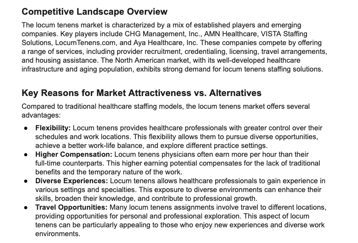 Competitive landscape overview listing key players and reasons for locum tenens market attractiveness.
