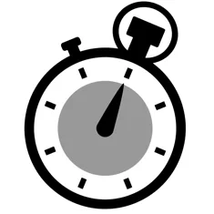 Black and white icon of a stopwatch with a gray face and hands pointing near the top.