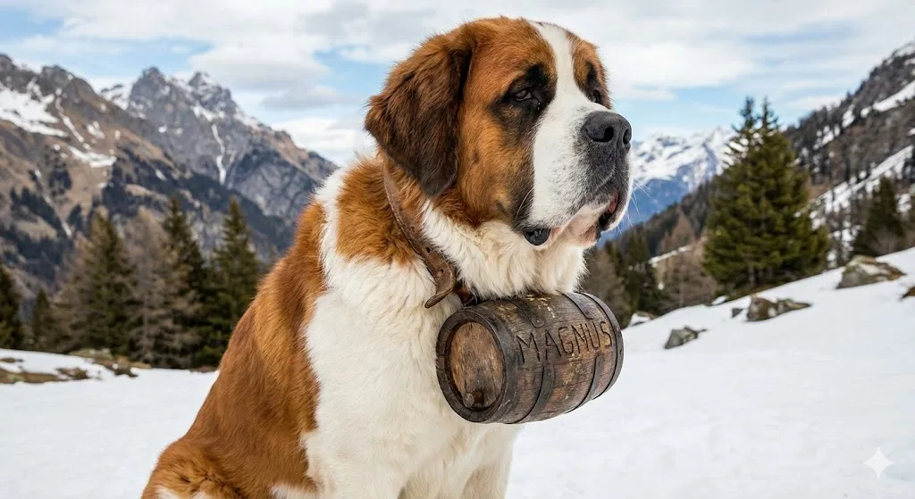Saint Bernard dog wearing a wooden barrel labeled Magnus, sitting in snow before mountains.