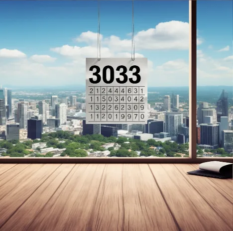 Calendar reading 3033 hangs by a window above a city skyline, with wood floor and a notebook.