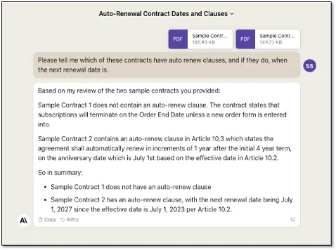 Claude reviewing two contracts, identifying an auto-renew clause and next renewal date