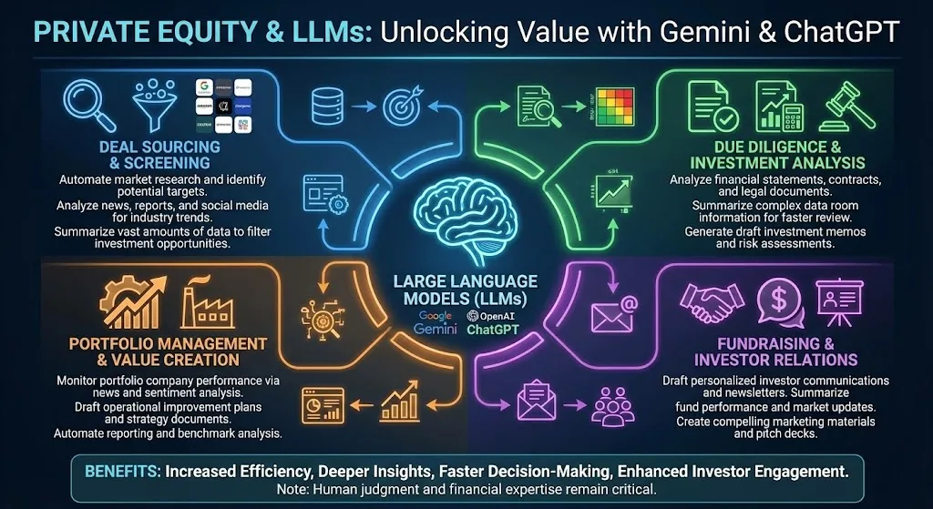 Diagram of LLM uses in private equity: deal sourcing, due diligence, portfolio management, and investor relations.