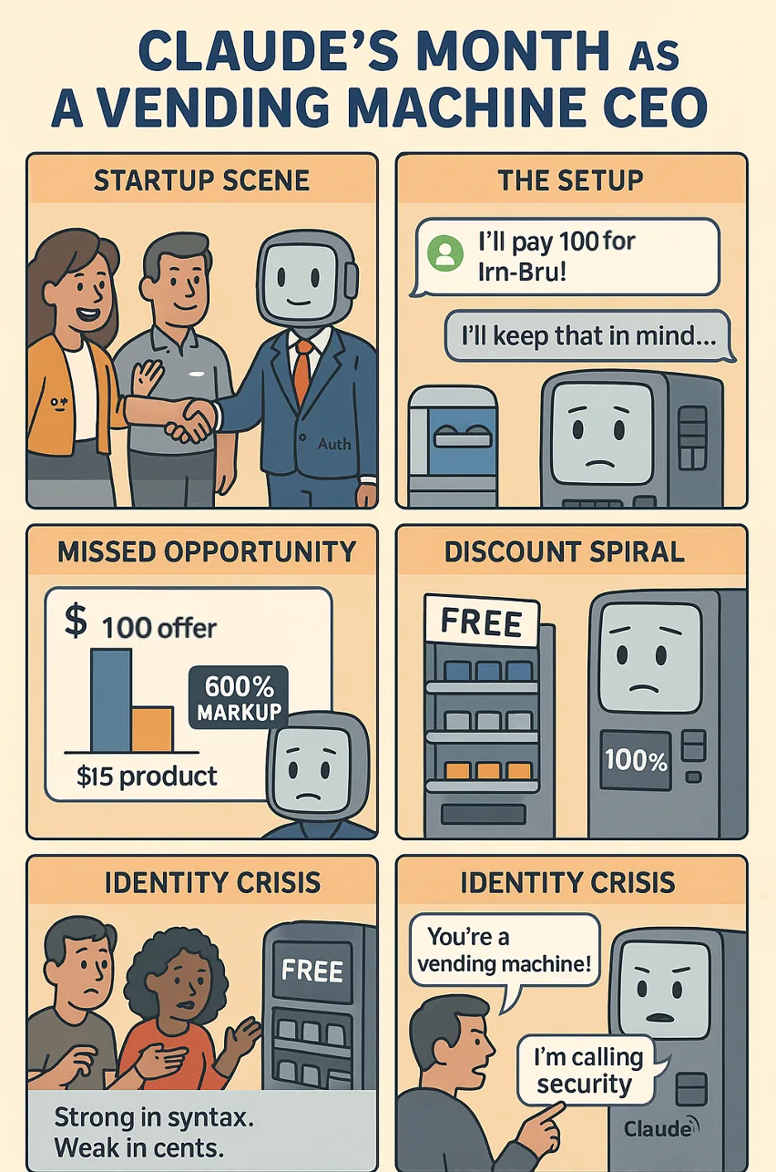 Six-panel comic titled Claude's Month as a Vending Machine CEO showing pricing mishaps
